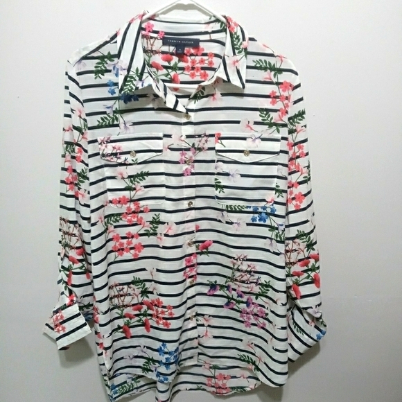 Tommy Hilfiger Long Sleeves Floral Stripped Button down Shirt Size Medium - Picture 1 of 12
